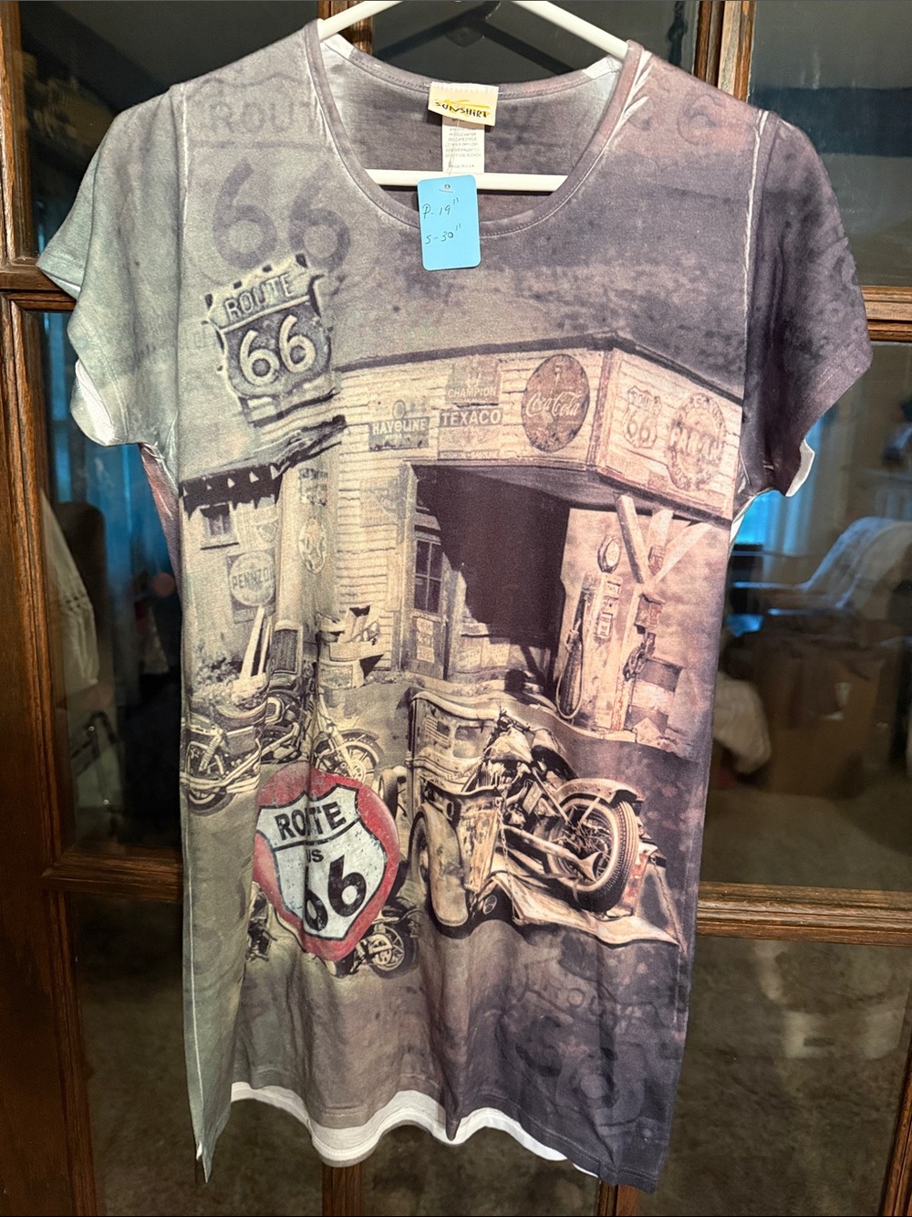 Sunshirt‎ Route 66 Vintage Gas Station Motorcycle Graphic Tee Gray Medium Grunge